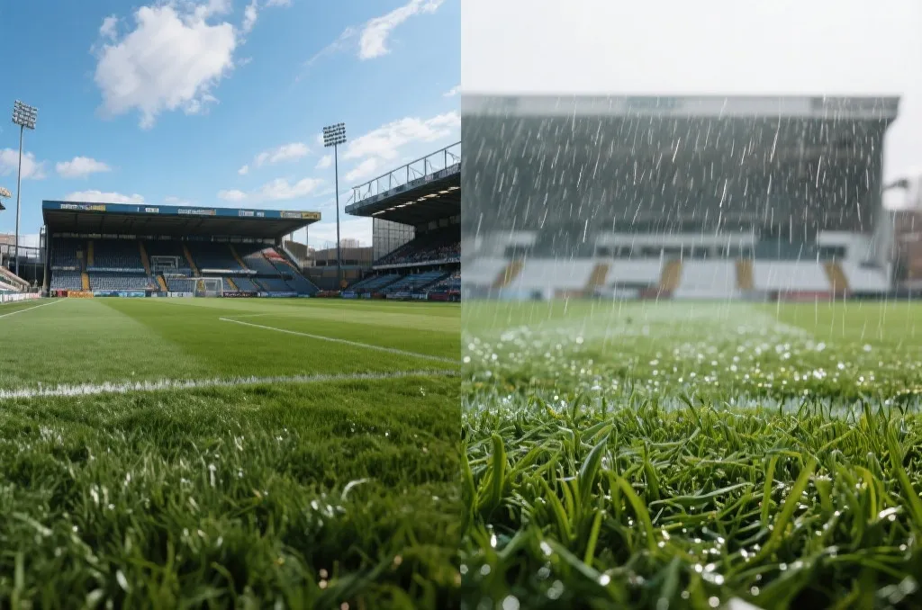 比赛场地在不同天气下的对比：晴天与雨天草皮、看台与灯光氛围，强调条件对节奏的影响