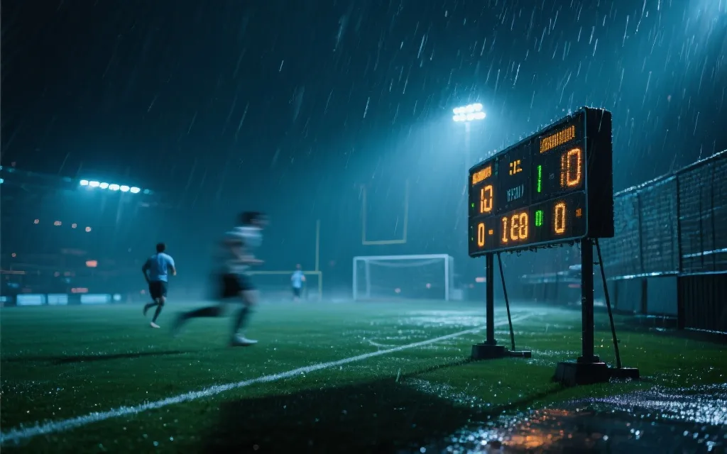 夜间球场灯光下的比分牌与雨滴，远处球员奔跑形成动感虚化