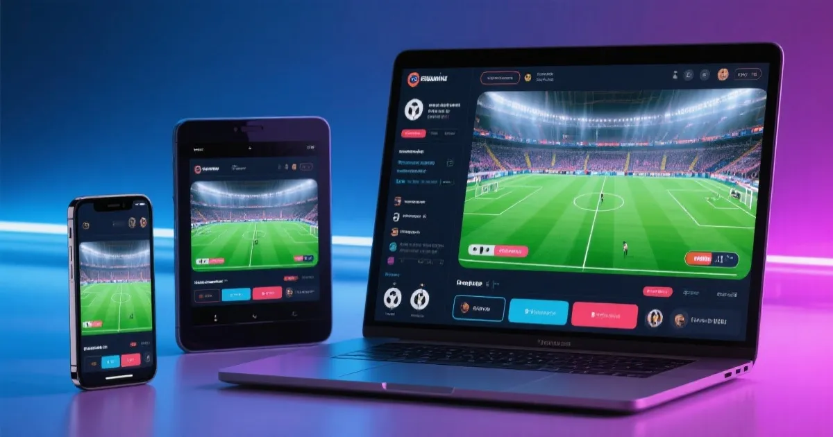手机和平板显示足球直播界面，简洁现代风格