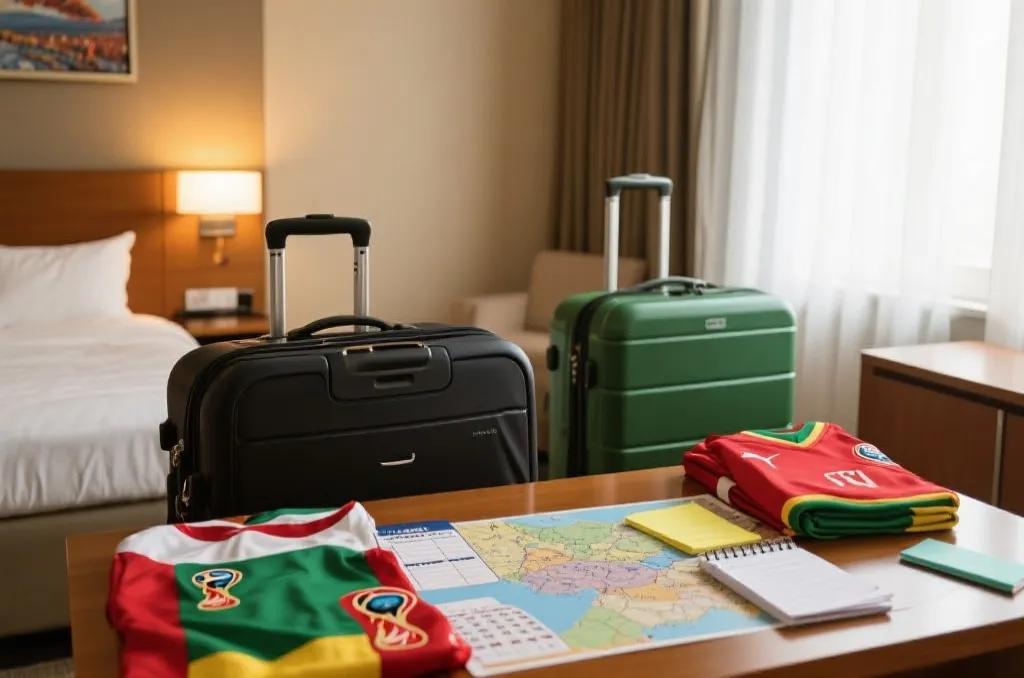 球迷在酒店桌前规划行程